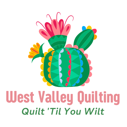 Colorful cactus illustration with 'West Valley Quilting' text on a white background