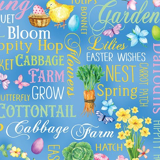 Cottontail Farms // Springtime Words Blue End of Bolt - West Valley Quilting - Benartex