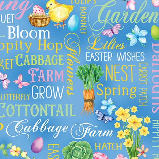 Cottontail Farms // Springtime Words Blue - West Valley Quilting - Benartex