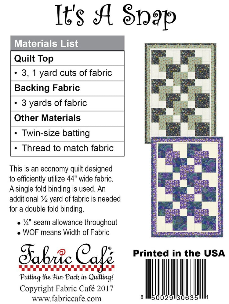 It's A Snap Pattern - West Valley Quilting - Fabric Cafe