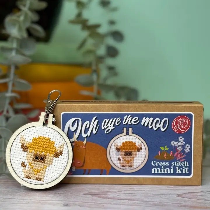 Mini Matchbox Cross Stitch Kit // Och Aye the Moo - West Valley Quilting - The Crafty Kit Company