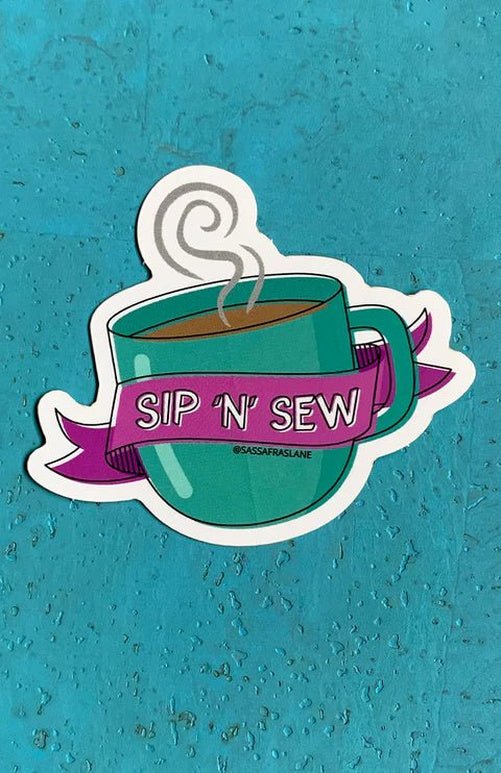 Sip 'n' Sew Mug Sticker - West Valley Quilting - Sassafras Lane Designs