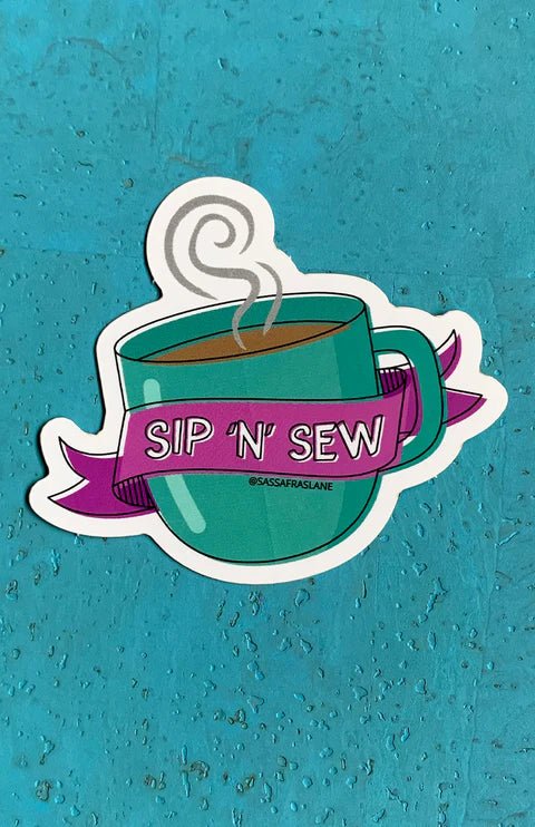 Sip 'n' Sew Mug Sticker - West Valley Quilting - Sassafras Lane Designs