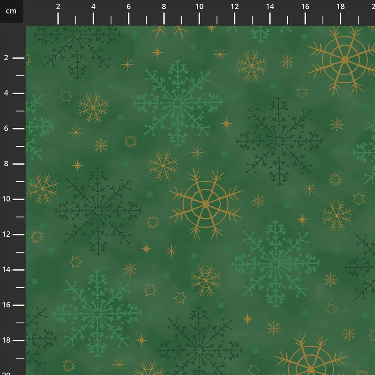 We Love Christmas // Style MCS25 - 10 GreenGold Snowflakes - West Valley Quilting - Stof